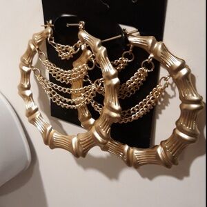 Bamboo Hoop Earrings NW VINTAGE GOLD TONE LARGE BONES & CHAIN 2.75 x 3in lt#8000